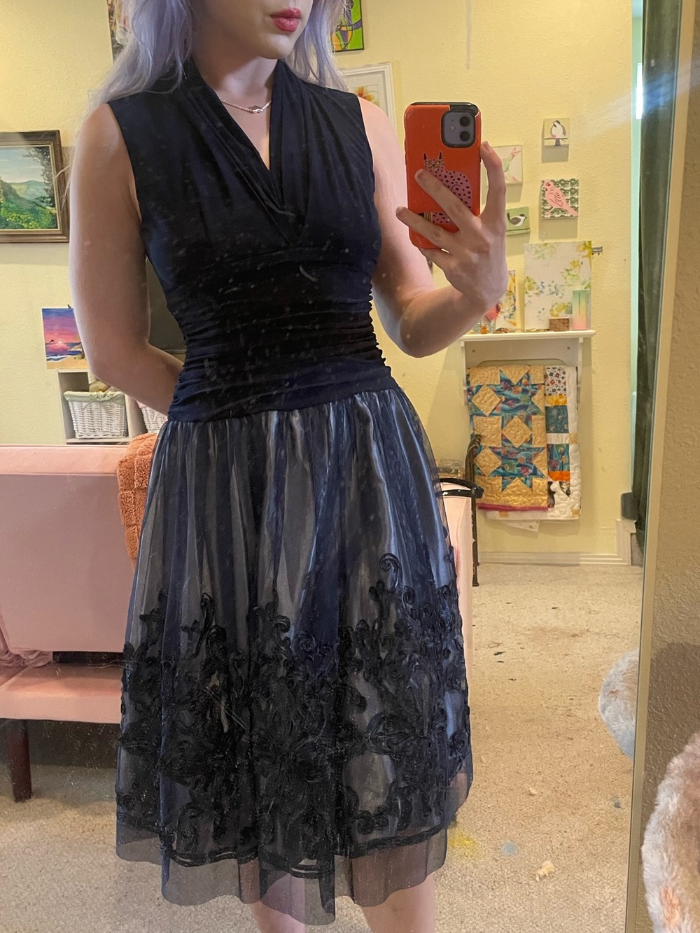 Navy Blue Embroidered Mesh Fit-and-Flare Dress